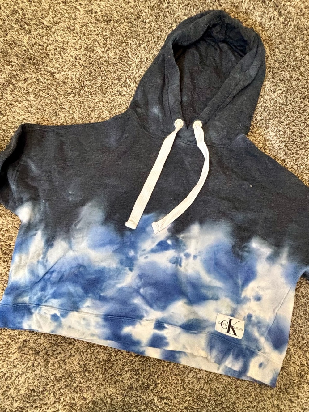 Calvin Klein Jeans Blue and White Tie-Dye Cropped Hoodie